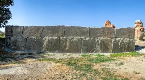 Panoramic view of the embossed wall panels in Alacahoyuk, Turkey Stock Photos