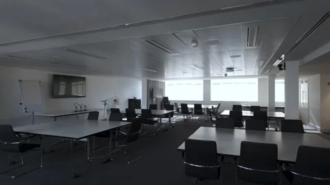 A panoramic view of the empty boardroom or conference room, adorned with Stock Footage 268023975