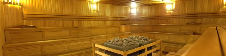Panoramic view of the empty log sauna Stock Photos