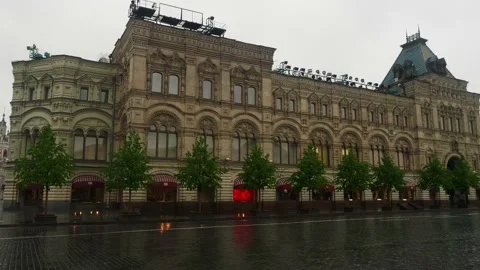 Panoramic view of empty red square during rainy afternoon. No tourist in Stock Footage 133247552