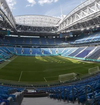 Panoramic view of empty stadium, where football team plays. Stock Photos