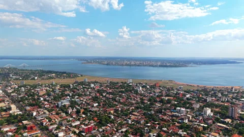 Panoramic view of Encarnación and Posadas, border cities of Paraguay and Stock-Footage 306035233
