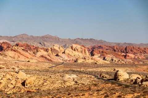 Panoramic view of endless winding empty Mouse tank road in Valley of Fire S.. Stock Photos