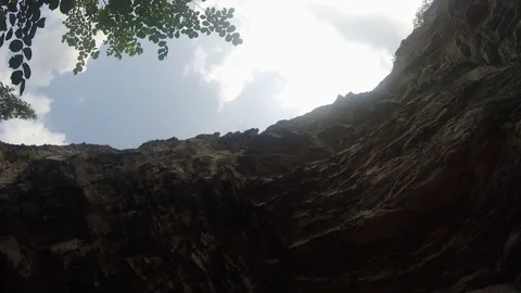 Panoramic view of entrance into cave. View of sky. Camera moves making a circle. Stock Footage 121379669