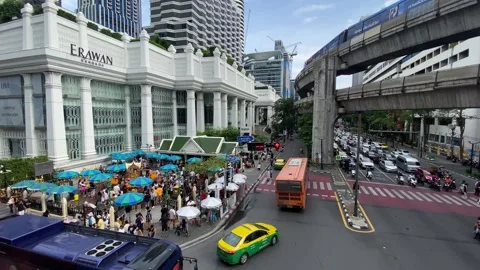Panoramic view of Erawan shrine and Grand Hyatt hotel, Bangkok, Thailand 4K Stock Footage 280345085