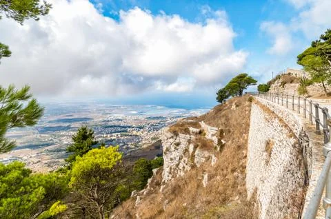 Panoramic view from Erice tuwards Trapani and Egadi Islands. Stock Photos