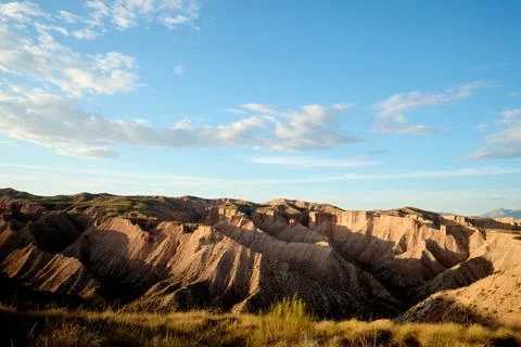 Panoramic view of the eroded mountains of the Gorafe desert in Granada 스톡 사진