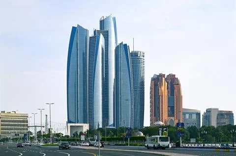 Panoramic view of The Etihad Towers complex of buildings Stock Photos
