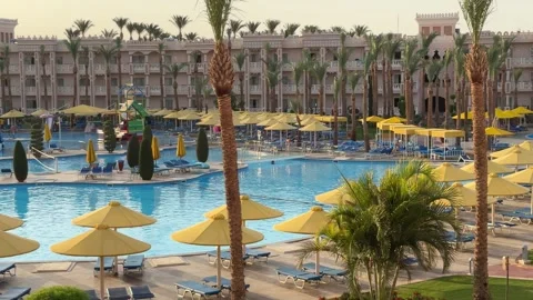 Panoramic view of an expansive Egyptian hotel resort featuring sprawling gard 스톡 동영상 282799319