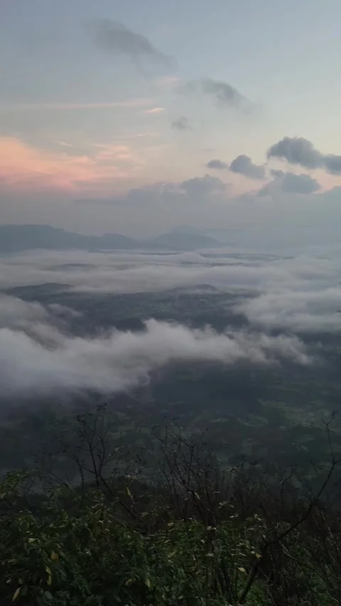 Panoramic view from the expansive plateau on top with clouds of Kulang Fort in Stock Footage 337147986