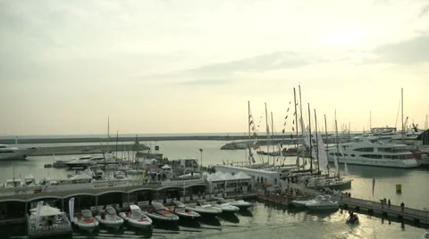 Panoramic view of exposition area of Genoa Boat Show  Stock Footage 43317175