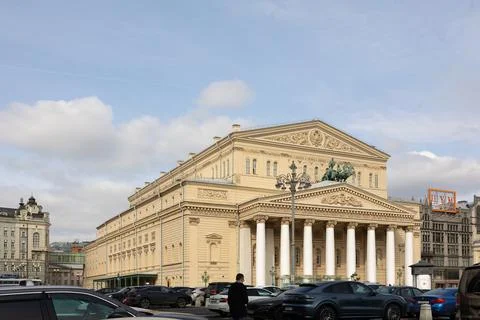 Panoramic view of facade of main building of Bolshoi Theater, Moscow, Russia Stock Photos