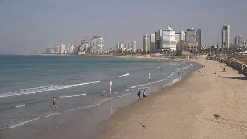 Panoramic view of the famous beaches and modern skyline of Tel Aviv Stock Footage 71527037