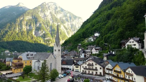 Panoramic view of famous Hallstatt mountain village in the Austrian Alps at Stock Footage 234741158