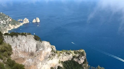 Panoramic View Faraglioni Rocks Capri Town Rocky Cliffside Italy Clouds Stock Footage 337814343