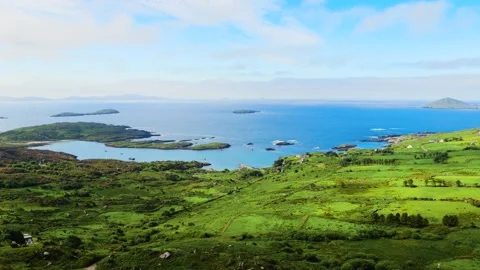 Panoramic View from Farraniaragh Viewpoint Over Green Fields and Atlantic Stock Footage 337639992