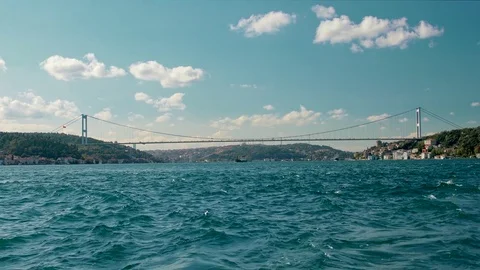 Panoramic view of Fatih Sultan Mehmet Suspension Bridge over Bosphorus Stock Footage 79257120
