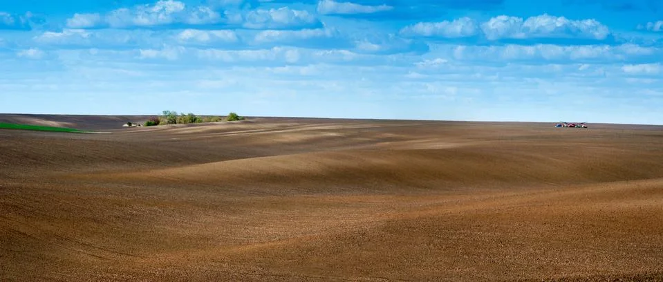 Panoramic view of fields prepared for sowing, smooth lines on hilly terrain i Stock Photos