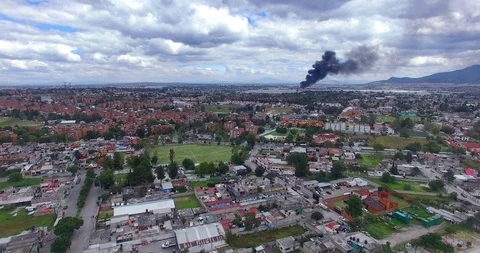 Panoramic view a fire destroy a liquor factory. Stock Footage 97114415