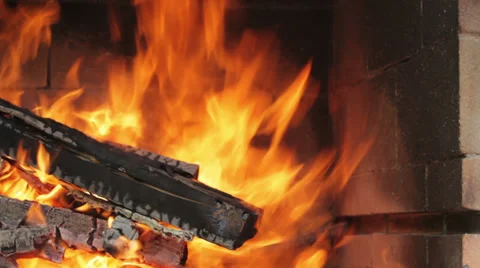 Panoramic view of fire in the fireplace Stock Footage 35573999