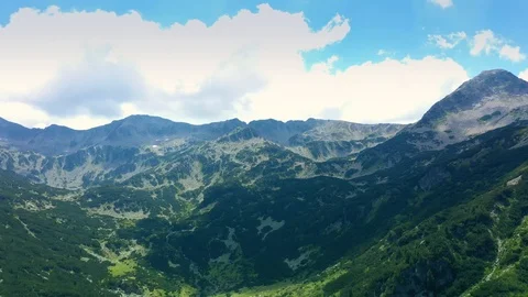 Panoramic view flight over the mountains covered with dense forest in summer day 스톡 동영상 114798067
