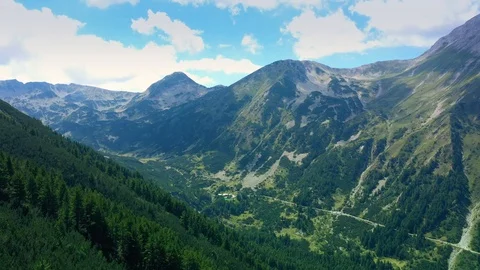 Panoramic view flight over the mountains covered with dense forest in summer day Stock Footage 114798164