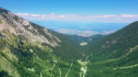 Panoramic view flight over the mountains covered with dense forest in summer day Stock Footage 114798185