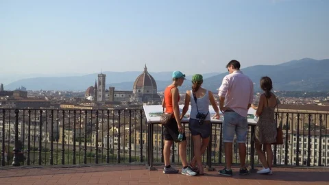 Panoramic view of Florence with  tourists on Piazza Michelangelo. Italy, 4K. Stock Footage 94968359