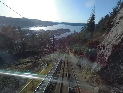 Panoramic View from Floyen Train in Bergen Norway with Sun Flare in a Sunny Day Stock-Footage 90006093