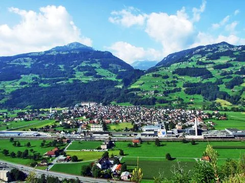 Panoramic view of the Flums heritage in the river Seez valley or in the Seeztal Stock Photos