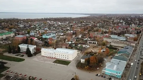 Panoramic View Flying Over City and Lake From Drone Stock Footage 106488182