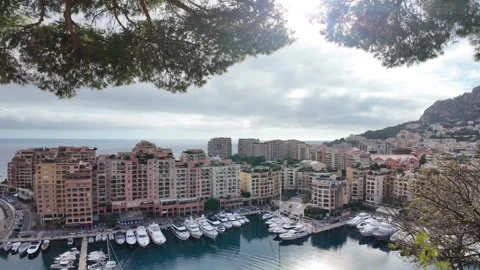 Panoramic view of Fontvieille harbor in Monaco with luxury yachts and resid.. Video stock 339346907