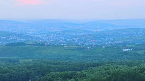 Panoramic View of Forest Canopy and Iasi City at Twilight Sunset Stock Footage 341421537
