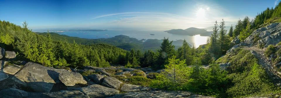 A panoramic view of a forest with a lake in the background Stock Photos