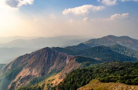 A panoramic view of the forest on the mountain at sunset. Stock Photos