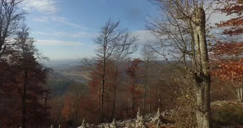 Panoramic View From Forest Summit Over Autumn Valley, Stone Cairns, Wide Shot Vídeo Stock 340362538