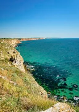 Panoramic view form Kaliakra of the cliff and the Black sea Stock Photos