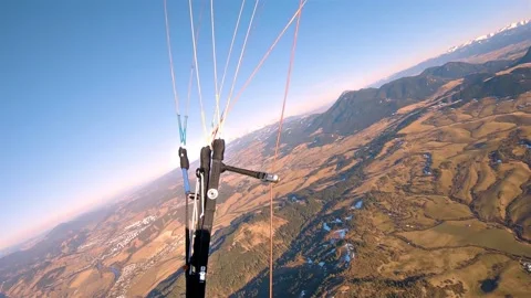 Panoramic view of free flight paragliding high above mountains nature adrenaline Video stock 151032091