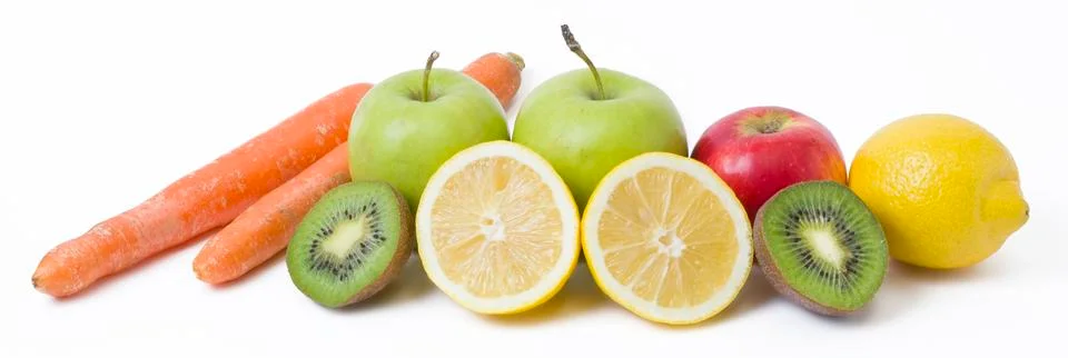 Panoramic view of fruit on white background. Fruits on a white background. Le 스톡 사진