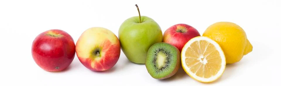 Panoramic view of fruit on white background. Fruits on a white background. Le Stock Photos