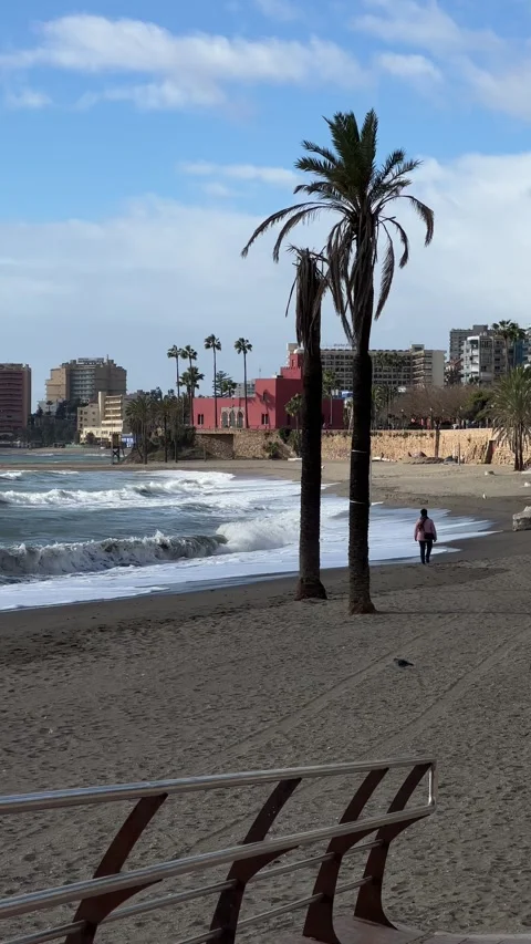 Panoramic view of Fuengirola beach, Malaga, Spain. Vertical video Stock Footage 240920653