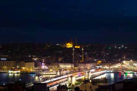 Panoramic view from Galata Bridge during twilight time 스톡 사진
