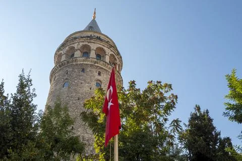 Panoramic view of Galata tower during sunset against blue sky in Istanbul Stock Photos