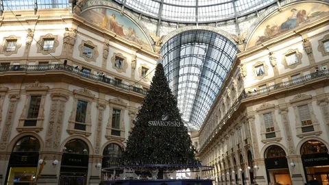 Panoramic View of the Gallery Vittorio Emanuele II and the  Christmas tree Stock Footage 99602464