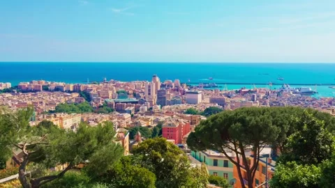 Panoramic view of Genoa with city rooftops and Mediterranean Sea Stock Footage 311624054