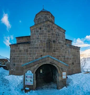 Panoramic View of Gergeti Holy Trinity Church in Winter, Georgia Stock Photos
