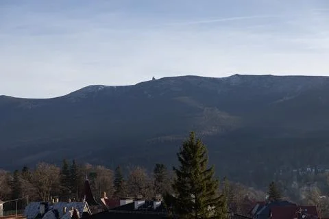 A panoramic view of the Giant Mountains under a clear sky with Sniezka summit Stock Photos