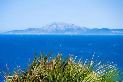 Panoramic view of Gibraltar Strait from Spanish side in Tarifa, Spain Stock Photos