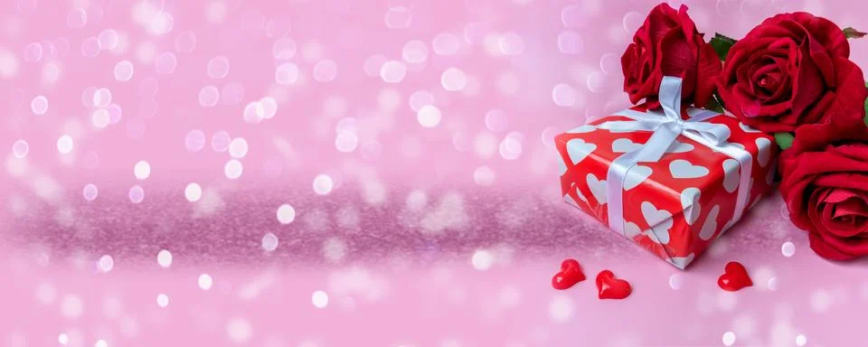 Panoramic view. Gift or present box, mini heart and red rose with white bokeh Stock Photos