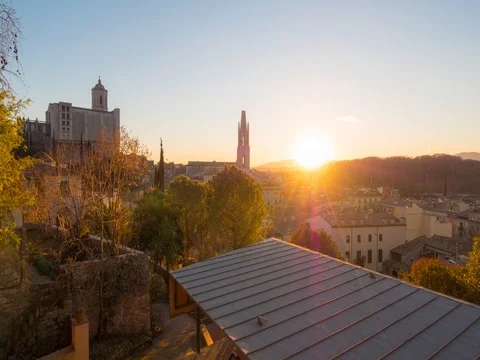 Panoramic view from Girona cathedral and sant felix church, timelapse sunset tim Stock Footage 75578256